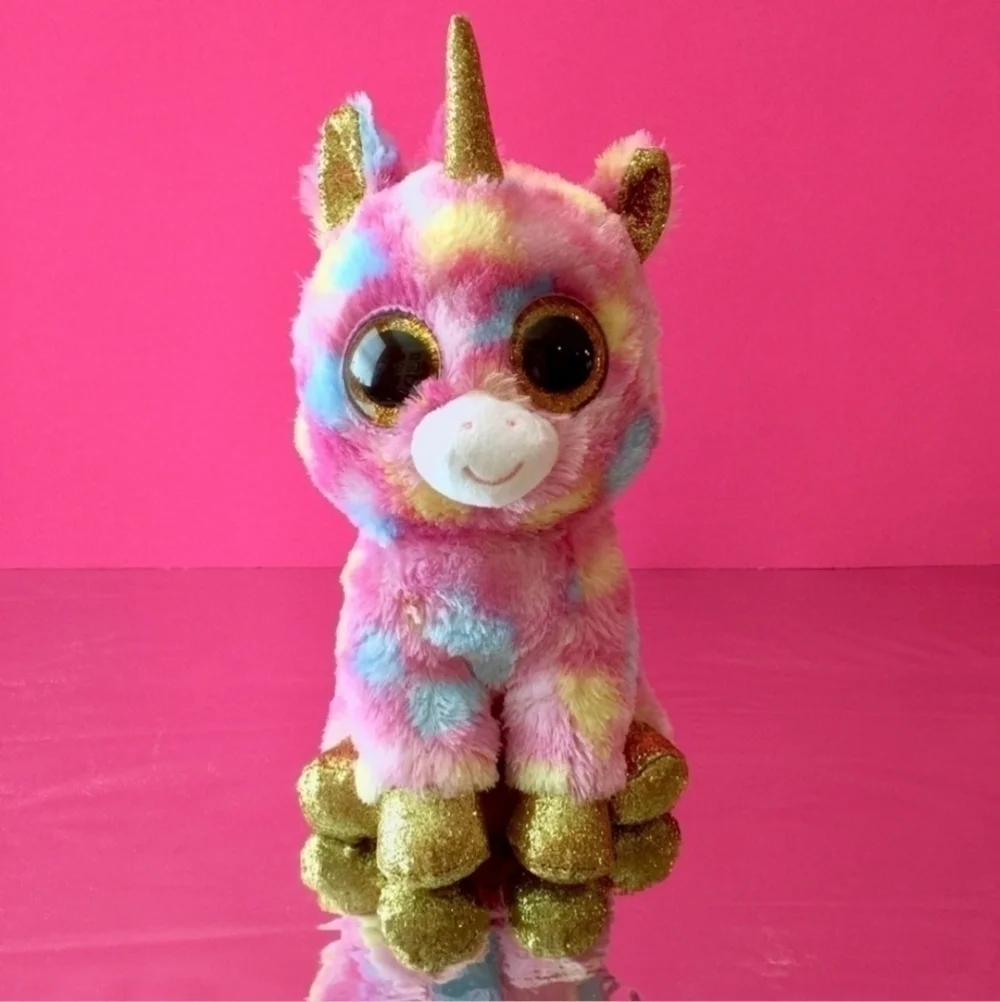 TY Fantasia Pink Blue Yellow Spotted Unicorn Sparkle Eyes Gold Horn Hoof 10